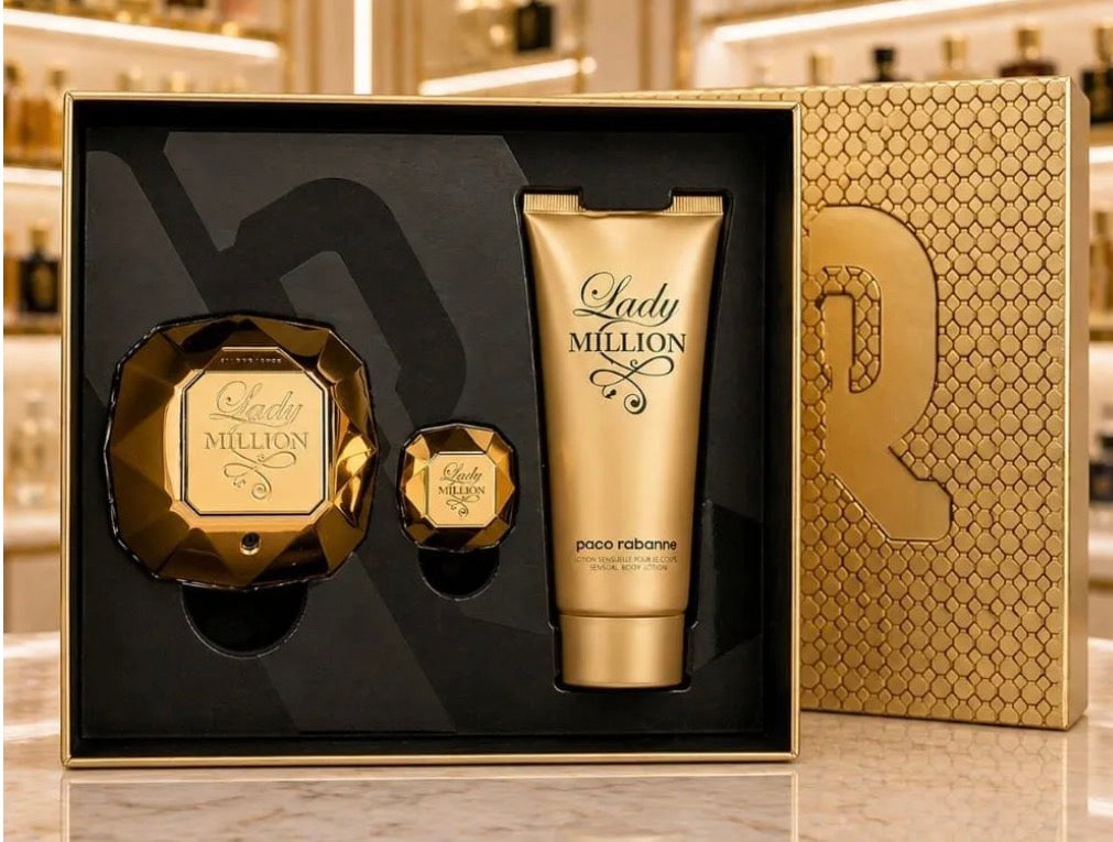 Lady Million Gift set Lady Million Eau de Parfum 80 ml / 2.7 fl. oz + 3.4 oz Body Lotion + 5 ml Mini For Women by Paco Rabanne