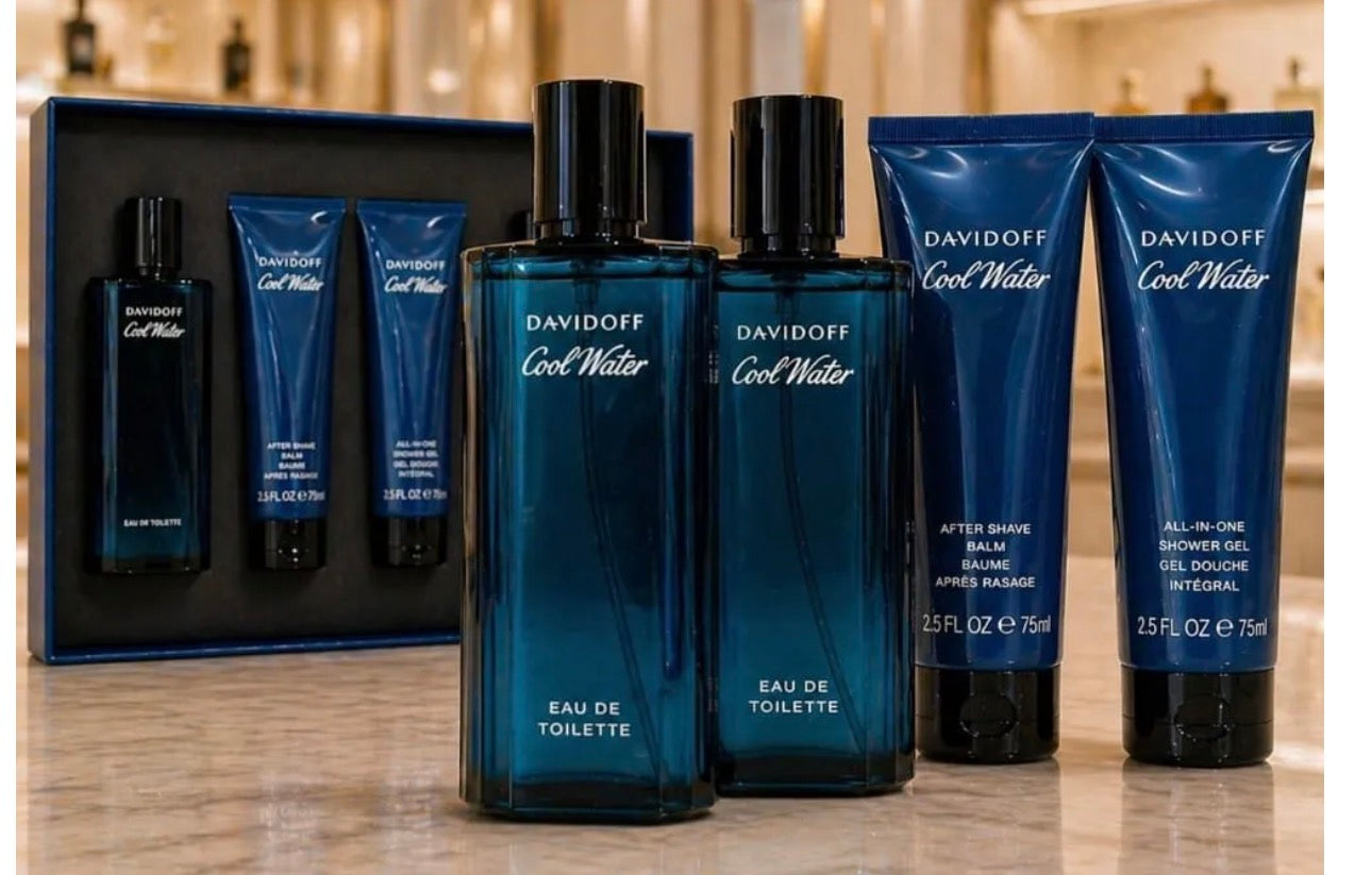 Set de regalo Cool Water Eau de Toilette 75 ml / 2.5 fl. oz + Bálsamo para después del afeitado 2.5 oz + Gel de ducha 2.5 oz + Eau de Toilette 75 ml para hombre de Davidoff