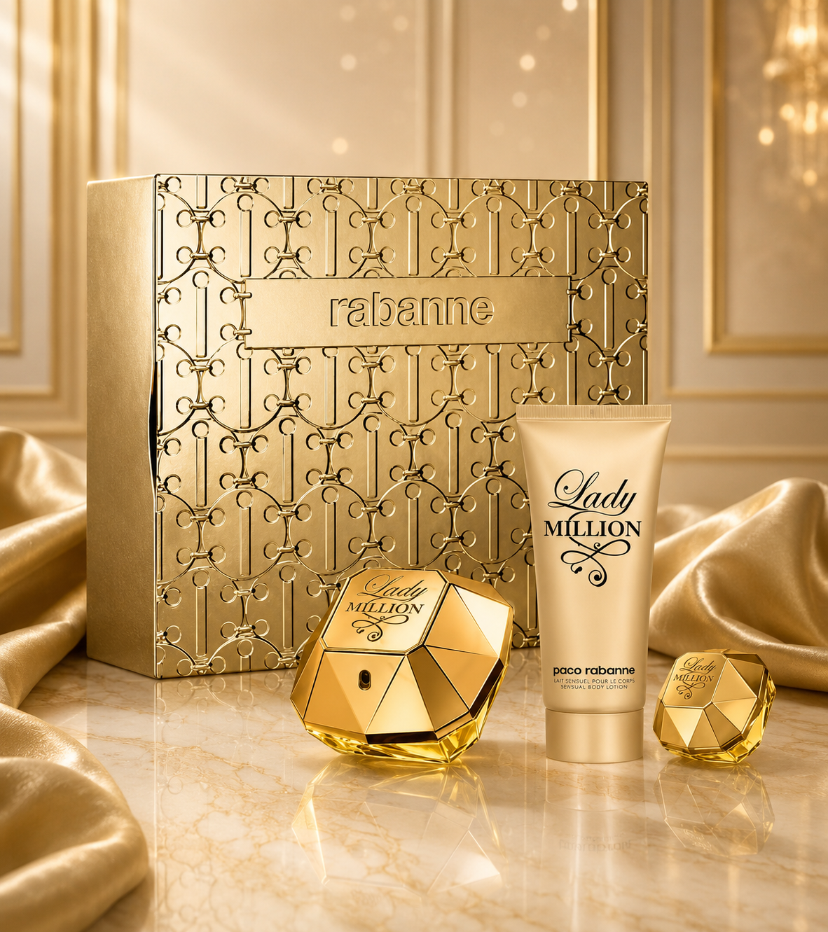 Lady Million Gift set Lady Million Eau de Parfum 80 ml / 2.7 fl. oz + 3.4 oz Body Lotion + 5 ml Mini For Women by Paco Rabanne